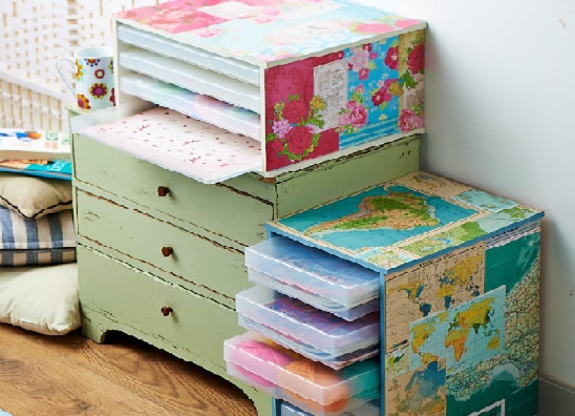 Try decoupage and get great looking paper storage